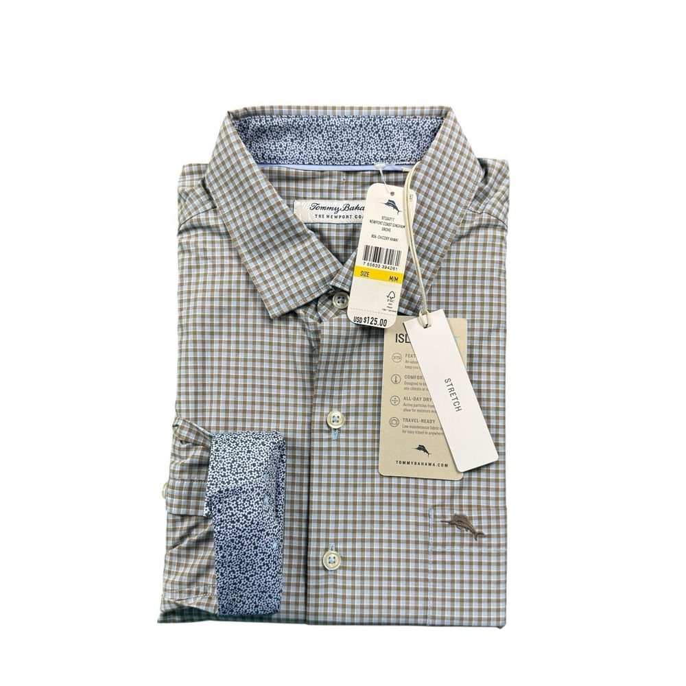 Tommy Bahama Blue Brown Checked Cotton Newport Coast Button Front Size M NWT